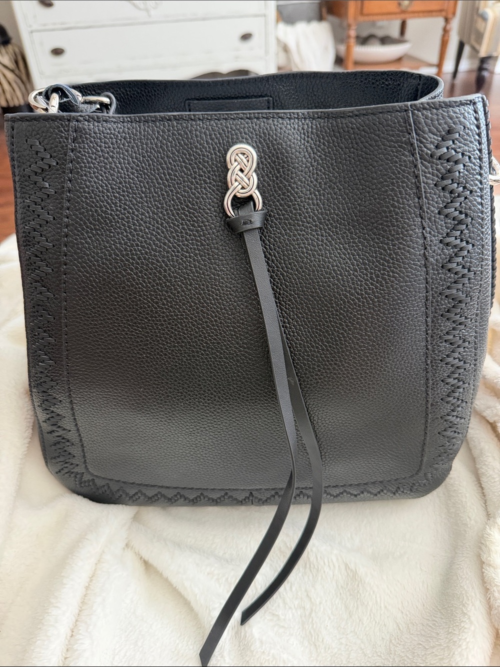 Brighton Black Leather Bag w/Braided Trim and Silver Interlok Accent, NWT